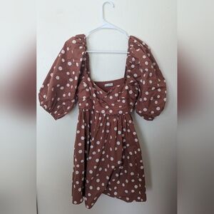 Polka Dot Puff-Sleeve Midi Dress - Brown/White